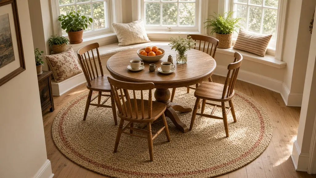 A sunny breakfast nook with a round wooden table and four chairs on a large round braided rug that reaches past every chair (AI-generated image)